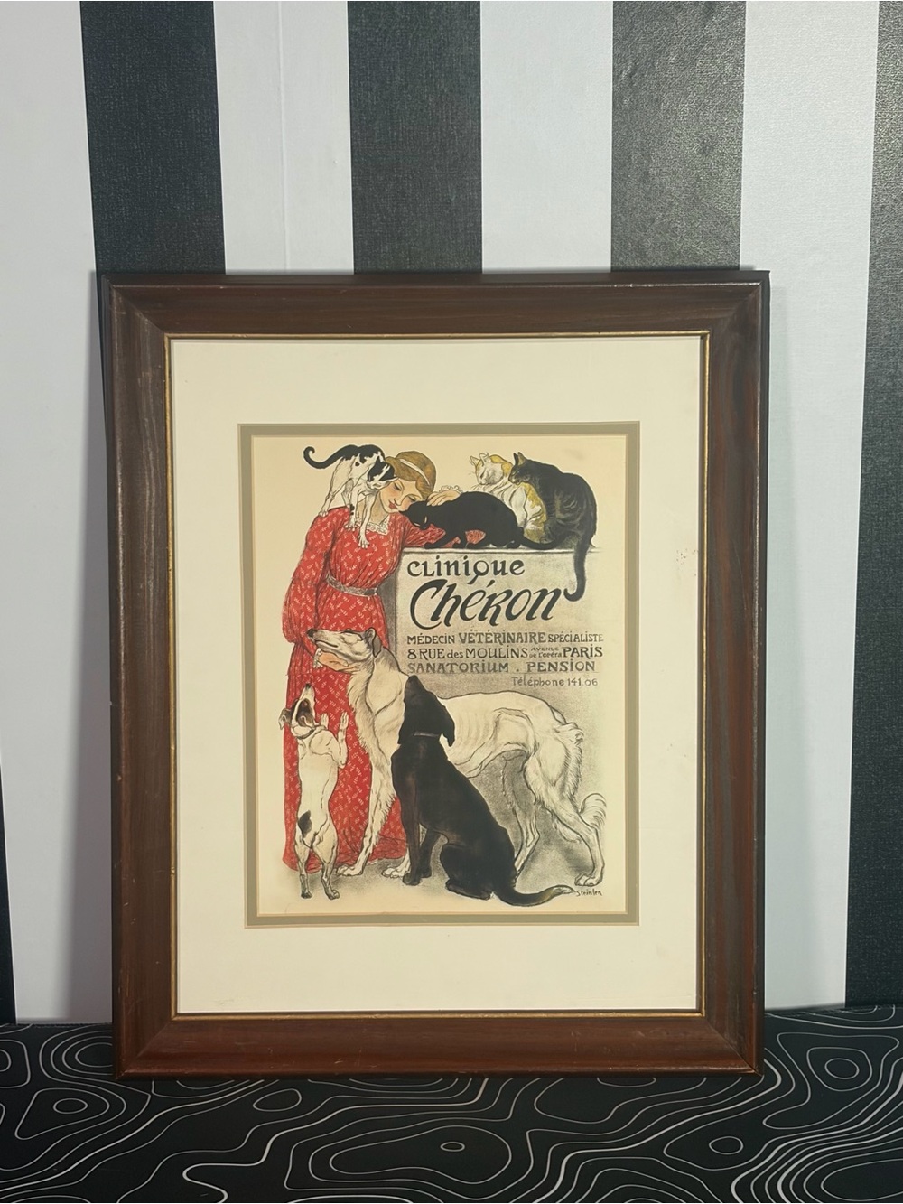 Vintage Paris Steinlen Clinique Cheron Framed Veterinary Advertisement Print